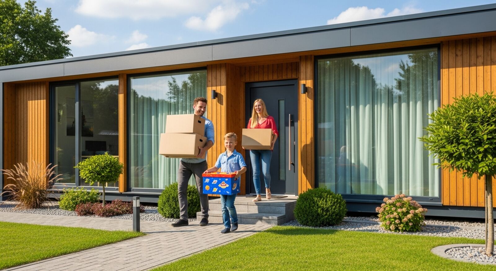 Familie zieht in ihr neues Containerhaus ein – Umzugstag am modernen Eigenheim Familie zieht in ihr neues Containerhaus ein – Umzugstag am modernen Eigenheim
