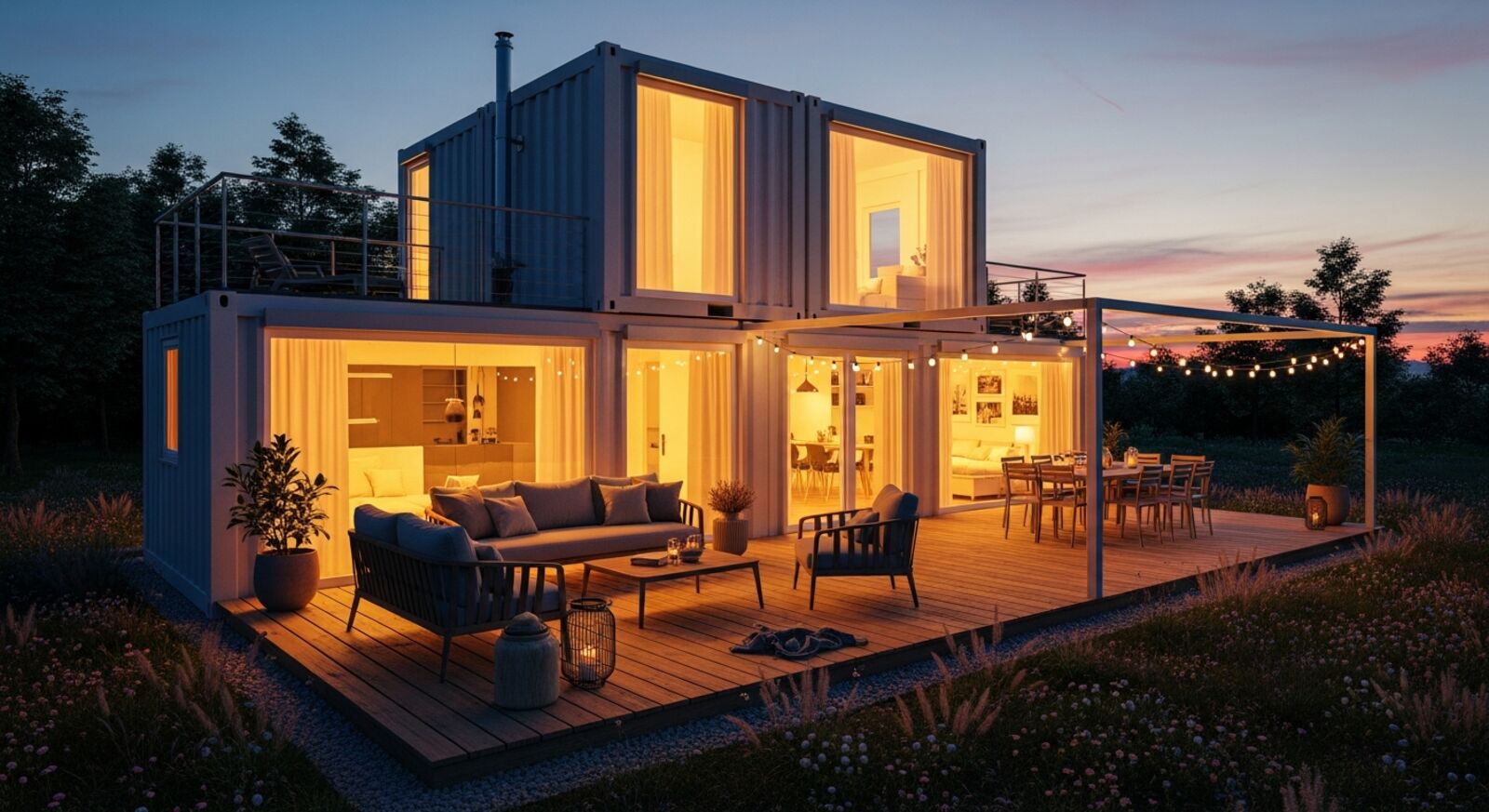 Containerhaus mit Holzterrasse in warmer Abendstimmung und beleuchteten Fenstern Containerhaus mit Holzterrasse in warmer Abendstimmung und beleuchteten Fenstern